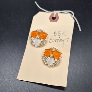 BSK Orange and White Clip On Earrings 1 Inch Across